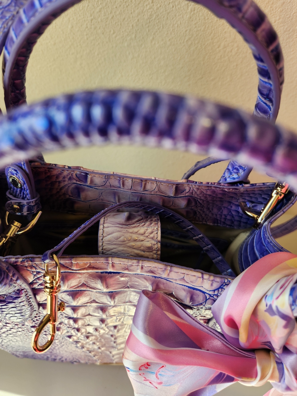 Elegant New Brahmin Purple Croc-Texture Satchel with Scarf Accent - Women Bags - Picture 6 of 8